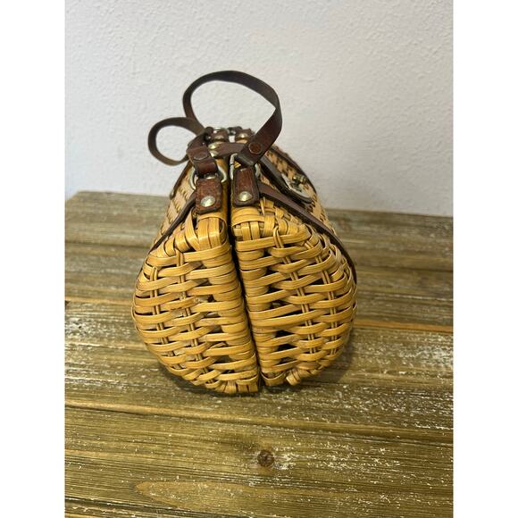 Vintage Wicker Woven Purse Boho Cottagecore Brown Leather Straps Womens handbag - Picture 2 of 6